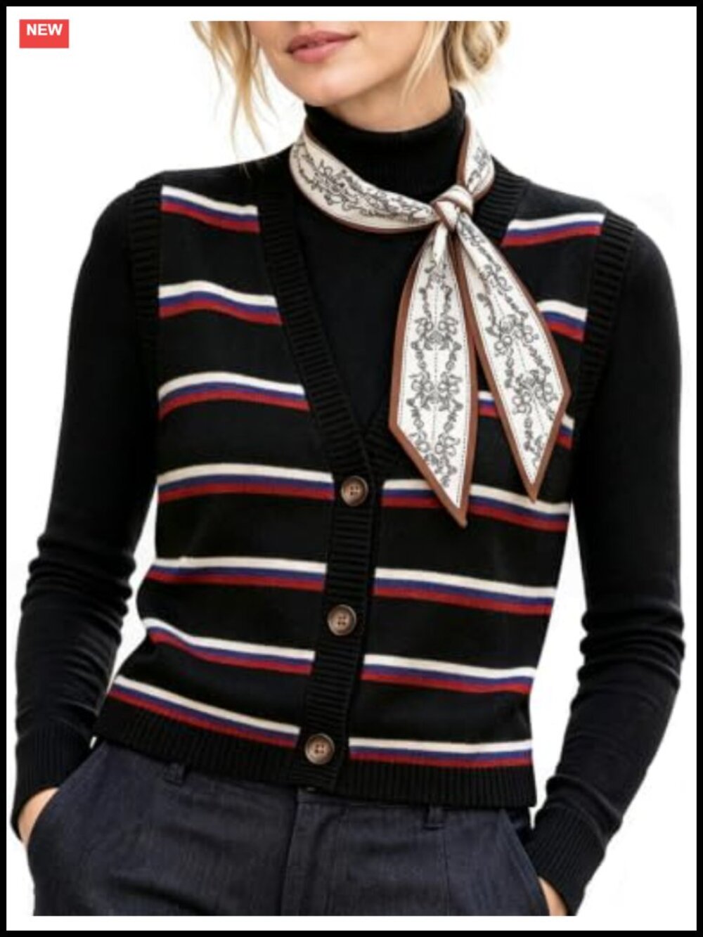 Striped Knit Sleeveless Sweater Vest & Satin Scarf 2PC Set